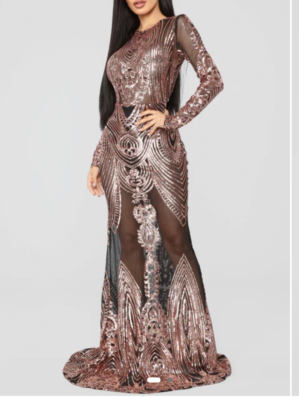 Fashion Nova Rose Gold Sequin Long Sleeve Gown
